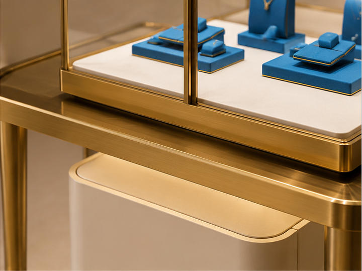 Triple-Section Modular Jewelry Display Table | 3 Showcase Set 8 Gold console, glass showcases and white bases material details